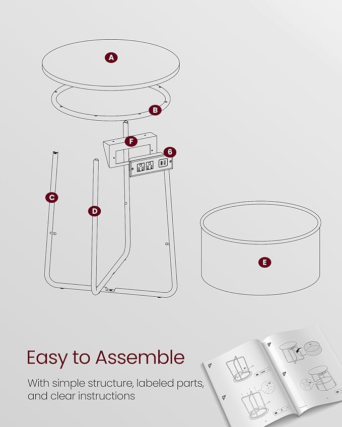 VASAGLE Side Table with Charging Station, Round End Table with Fabric Basket - Image 8