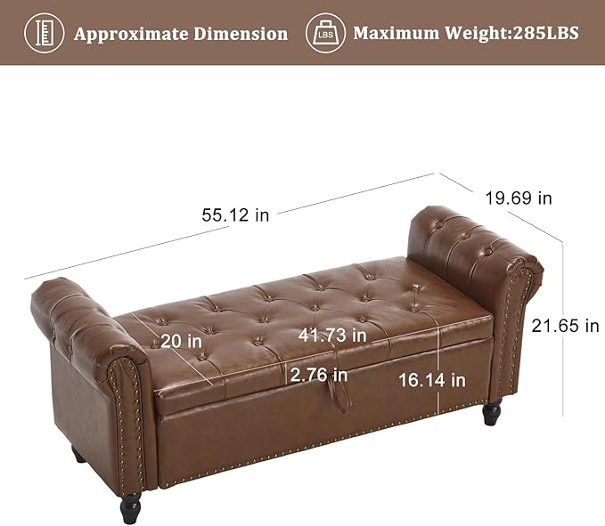 Furniliving 55” End of Bed Bench, Bedroom Bench - Image 3