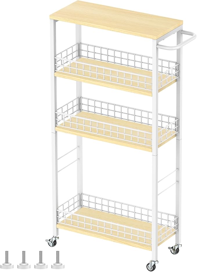 YBING Slim Storage Cart 4-Tier Rolling Kitchen Utility Cart White Narrow by YBING