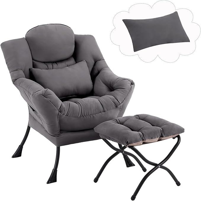 Lazy Chair with Ottoman, Comfy Fabric Accent Lounge Arm Chair with Lumbar by Furlide