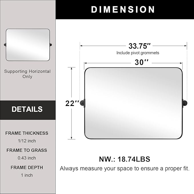 MOON MIRROR 30" x 22" Matte Black Rectangle Bathroom Mirror, Tilting Rounded - Image 4