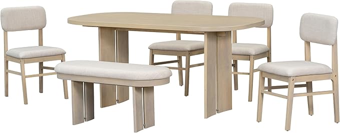 Merax Farmhouse Wooden Dining Set of 6, 65 Inch Rectangular Kitchen Table - Image 6
