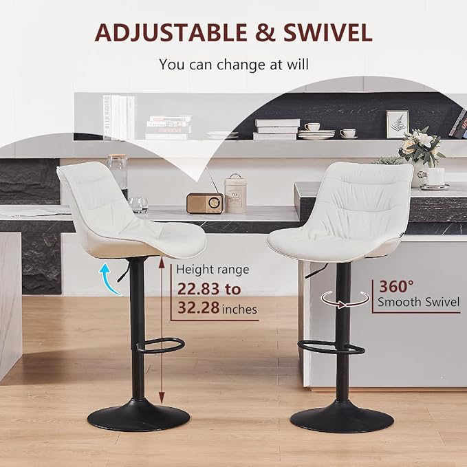Kidol & Shellder Bar Stools Set of 2 Adjustable Swivel White, PU Leather - Image 6