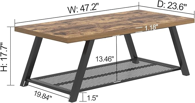 FOLUBAN 47 Inch Coffee Table, Industrial Wood and Metal Living Room Table - Image 2
