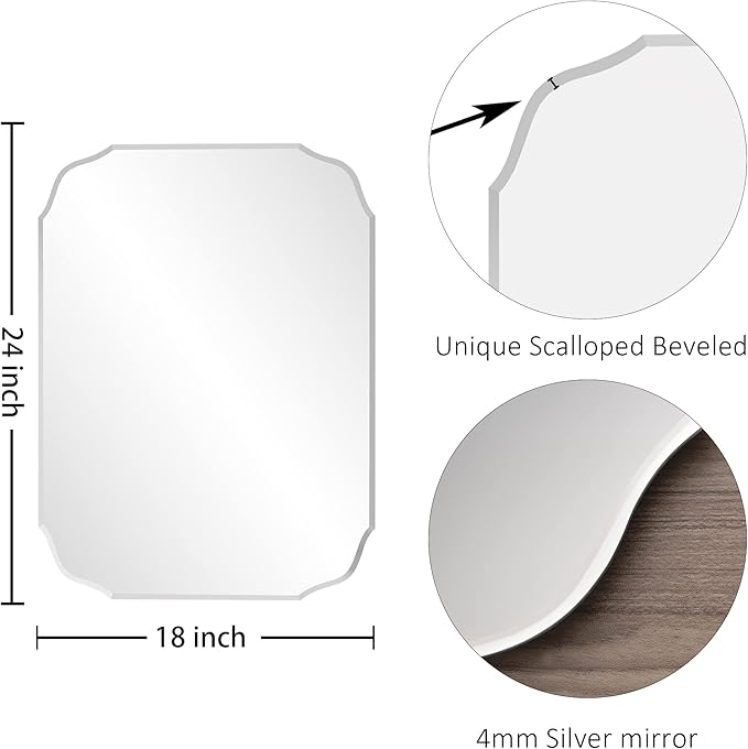 KOHROS Silver Bathroom Mirror 18" x 24" Frameless Rectangle Beveled Edge - Image 5