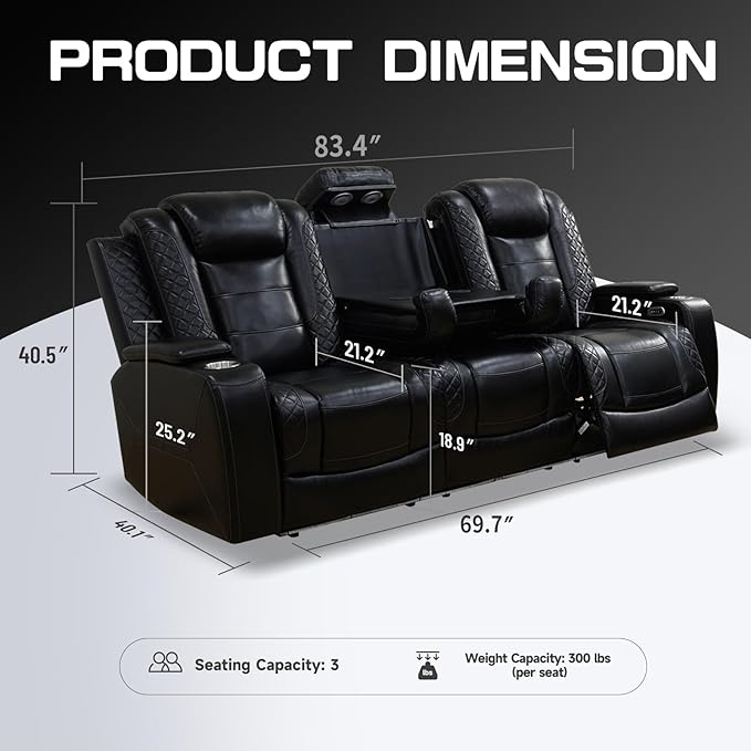 PU Leather Power Wall Hugger Chair Double Reclining Sectional Sofa 3-Seater - Image 2
