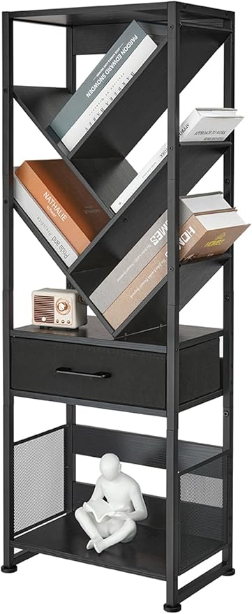 Bookshelf with Drawer, 8 Tier Tree Bookcase Retro Floor Standing Bookshelves - Image 9