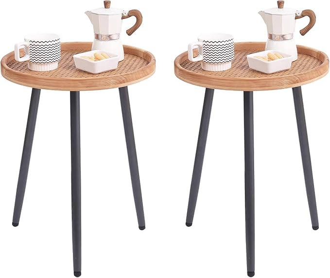 Tiita 2 Pack Rattan Round End Table Mental Side Table Nightstand/Small Wood by TiitaHome