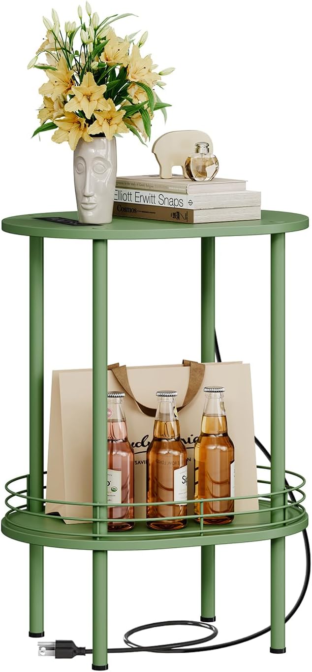 Small Round Side Table with Charging Station, Bedside Table with 2 USB Ports - Image 7