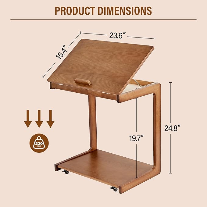 CozyDH Adjustable C Shaped End Table, Rolling Side Table Solid Wood TV Sofa - Image 2