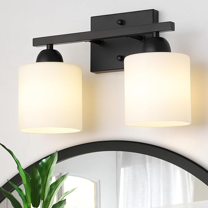 Milk Glass Vanity Lights for Bathroom, 2 Light Matte Black Bathroom Light by MecgirnLighting