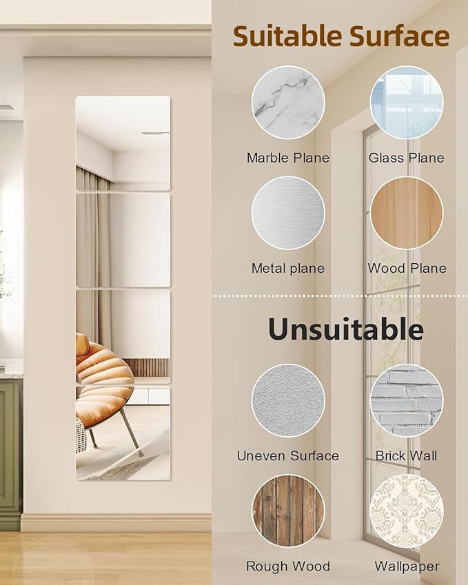 Glass Wall Mirror Tiles 12" x 12" Frameless Full Length Mirror Wall Mounted - Image 5