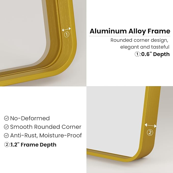 Gold Bathroom Mirror, 22x30 Inch Brushed Gold Metal Frame Mirror - Image 5