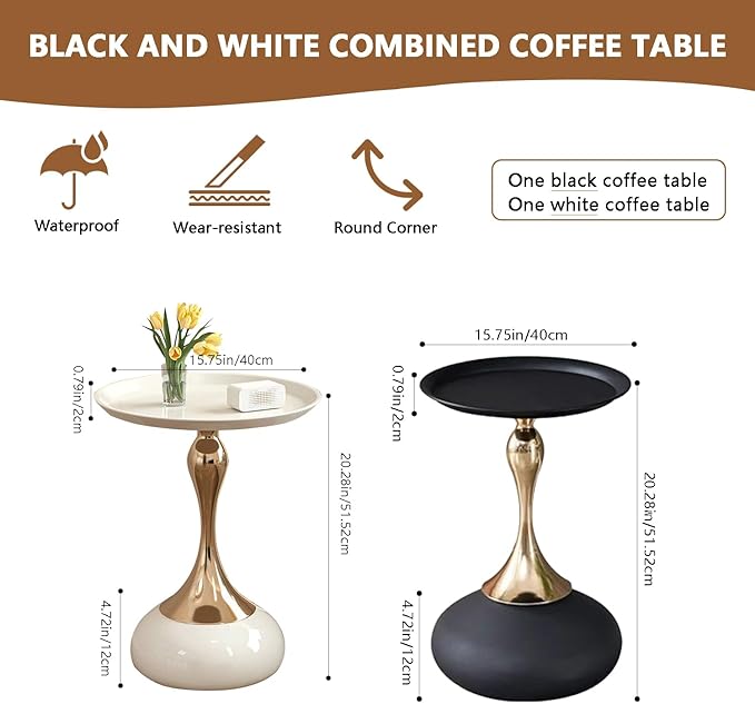 Modern Round Side Table with Gold Pedestal Base, Accent End Table - Image 2