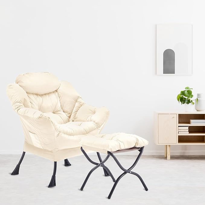 Lazy Chair with Folding Ottoman, Accent Chair Velvet Upholstered with Metal - Image 9