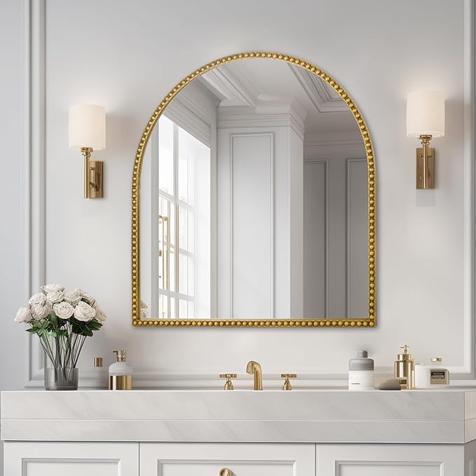 28x26 Inch Arched Bathroom Mirror, Antique Gold Wall Mirror Metal Beaded Frame - Image 6