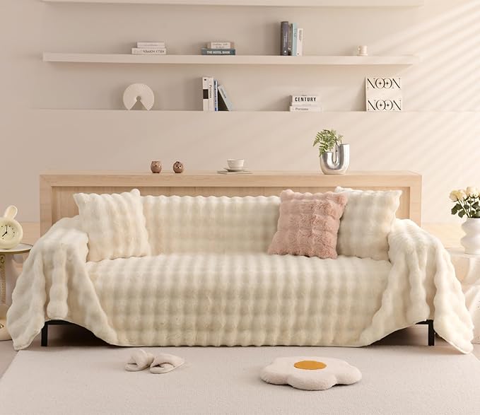 VM VOUGEMARKET Plush Faux Fur Couch Cover Thick Fluffy Fuzzy Sectional Sofa by VMVOUGEMARKET