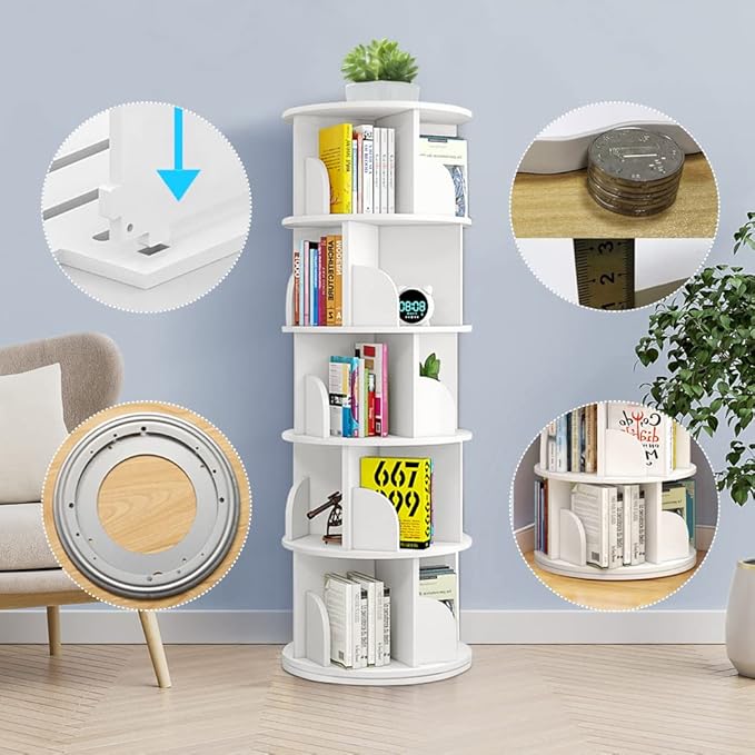 Nisorpa 5 Tier Rotating Bookshelf, 360° Revolving Bookcase Rotating Stackable - Image 10