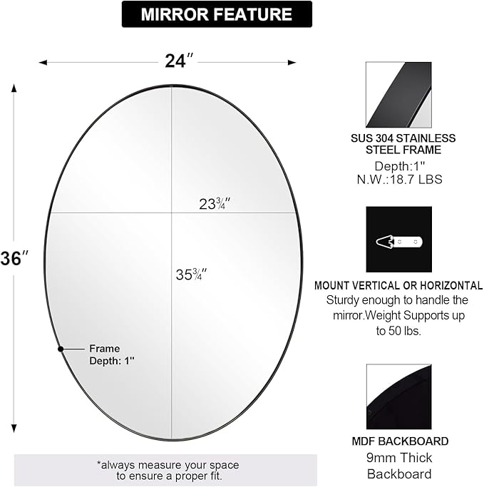 ANDY STAR Black Oval Mirrors for Bathroom, 24x36 Inch Matte Black Stainless - Image 2