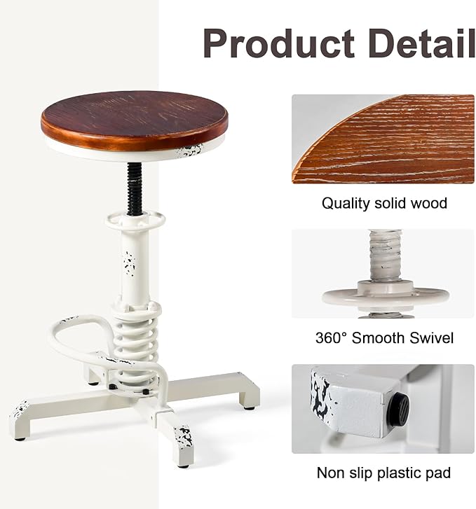 Topower Industrial Retro Vintage Farm Wooden Seat Tractor Stool Kitchen Swivel - Image 5