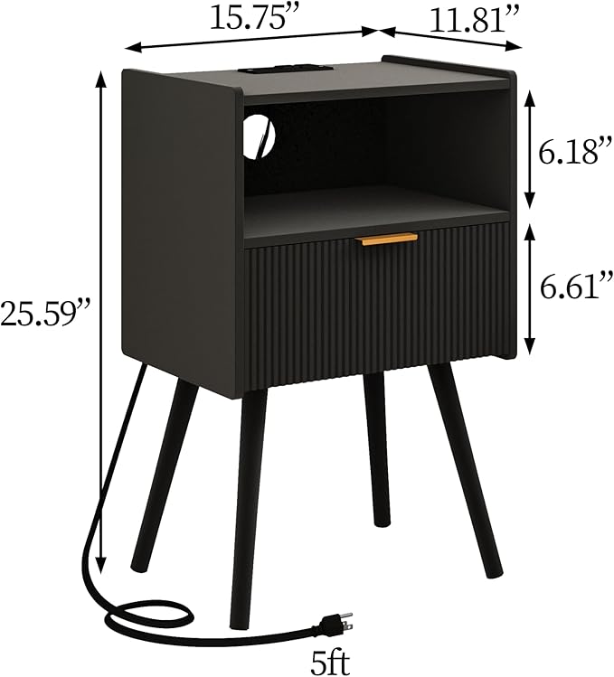 Black Nightstand with Outlet, Modern Bedside Table with Storage Drawer and Open - Image 2