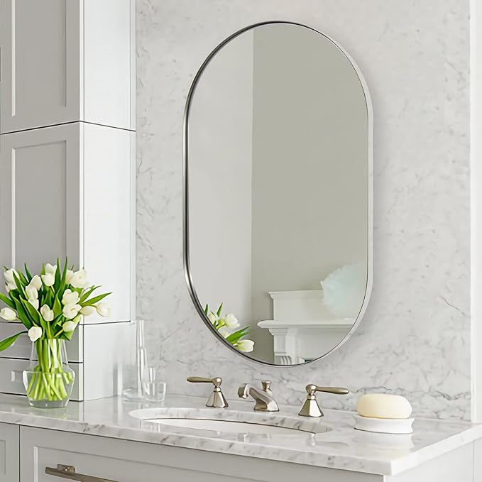 ANDY STAR 26x38’’ Brushed Nickel Oval Bathroom Mirror, Pill-Shaped Nickel - Image 7
