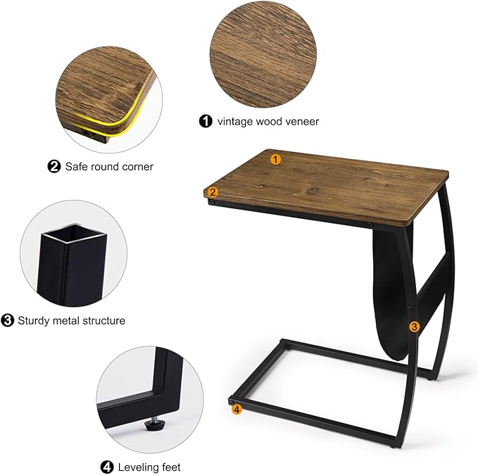 SRIWATANA Side Table End Table, Vintage C Shaped Couch Table - Image 6