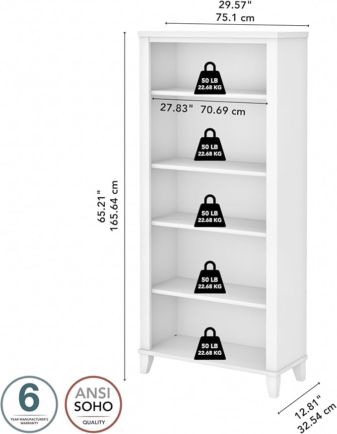 Bush Furniture Somerset 5 Shelf Bookcase in White, Tall Bookshelf, Large Book - Image 3