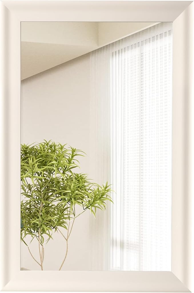 CULER White Wood Wall Mirror for Bathroom, Rectangle Rustic Beige 24 x 36 inch by Culer