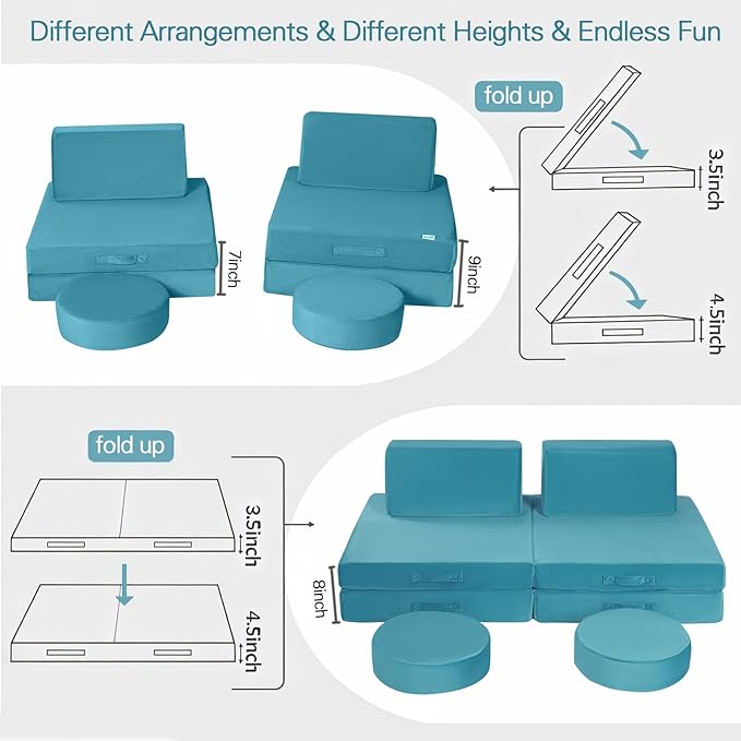 MeMoreCool Modular Kids Play Couch Sofa, 8-Piece Convertible Turquoise Toddler - Image 3