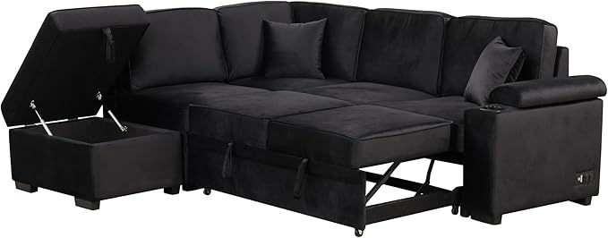 Ball & Cast 84" Convertible Sectional Sofa Bed, L-Shaped Sleeper Couch - Image 3