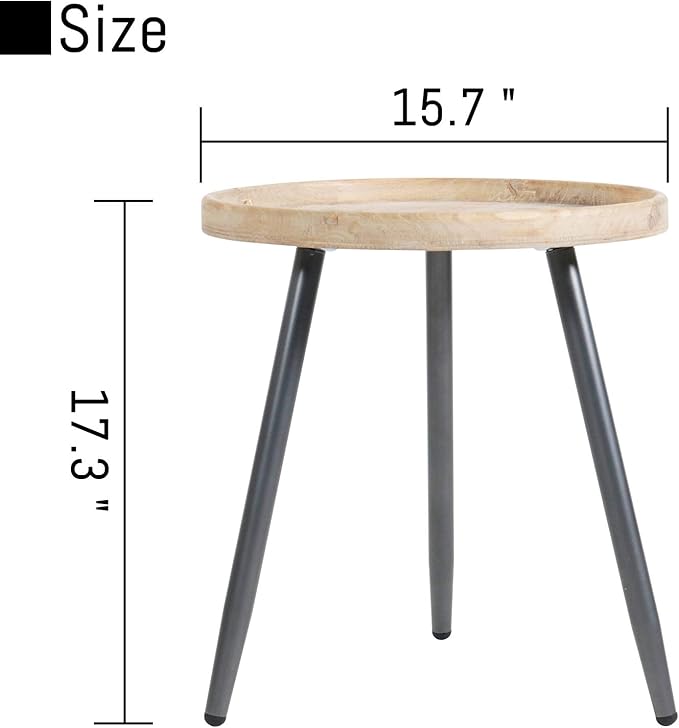 LITA 2 Pcs Round Side End Table, Nightstand Tables, Log Desktop, Wooden Tray - Image 3