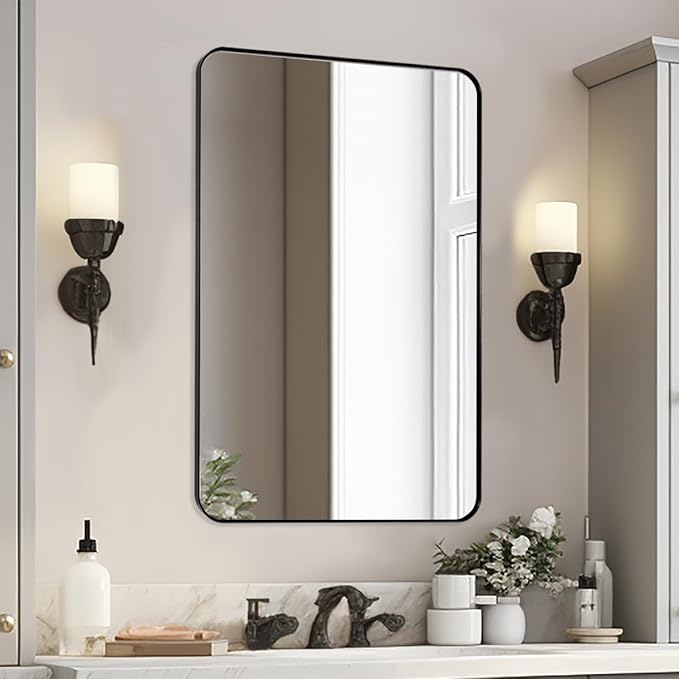 Black Bathroom Mirror 24"x36", Modern Round Corner Bathroom Vanity Mirror by Mirrorartmirror