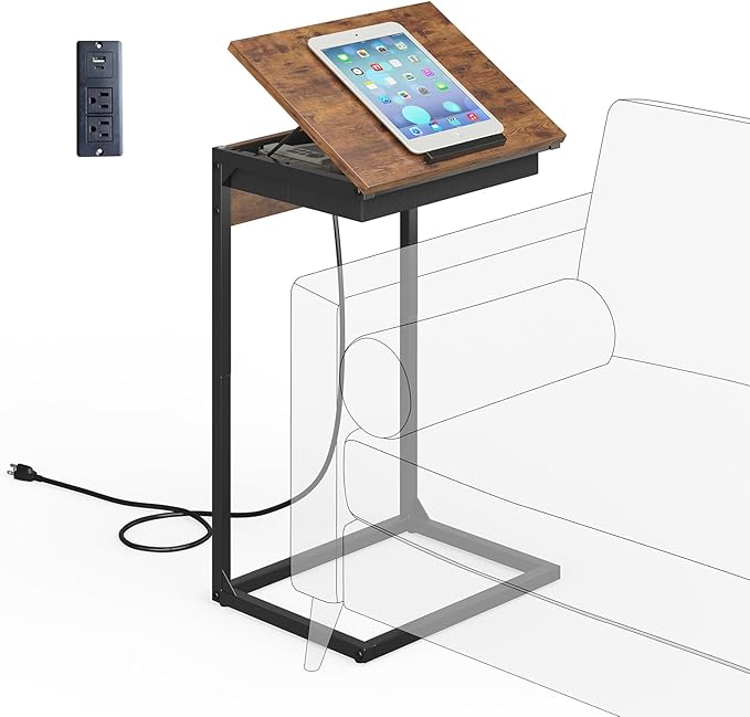 C Shaped End Table with Charging Station, 45° Tiltable Adjustable Flip Top by Unknown