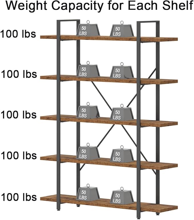 HSH Rustic Bookcases and Book Shelves 5 Shelf, Metal Wood 5 Tier Bookshelf and - Image 7