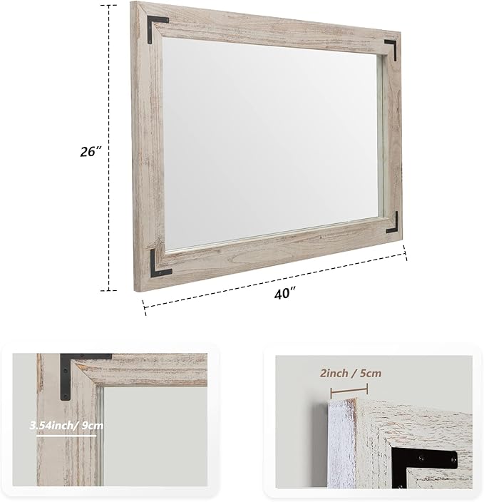 YOSHOOT Rustic Wooden Framed Wall Mirror, Natural Wood Bathroom Vanity Mirror - Image 2