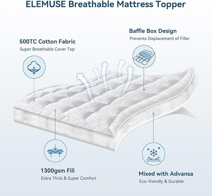 ELEMUSE King Cooling Mattress Topper, Extra Thick 1300gsm Mattress Pad - Image 2