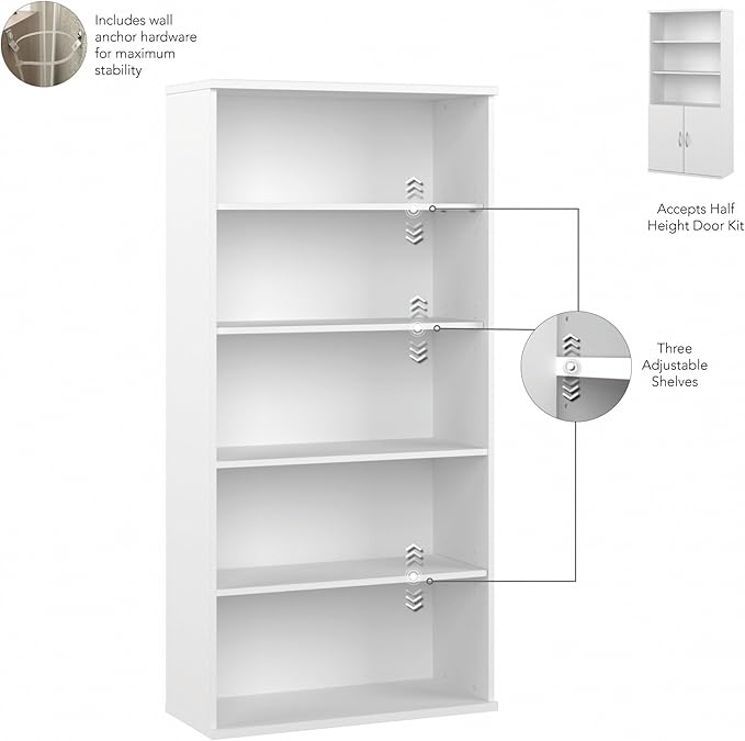 Bush Business Furniture Studio C Tall 5 Shelf Bookcase in White, Large Bookshelf - Image 7