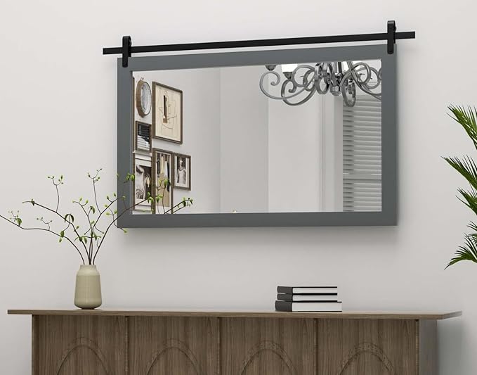 PAIHOME Large Gray Wall Mirror, Farmhouse Horizontal Rustic Square Bathroom - Image 2