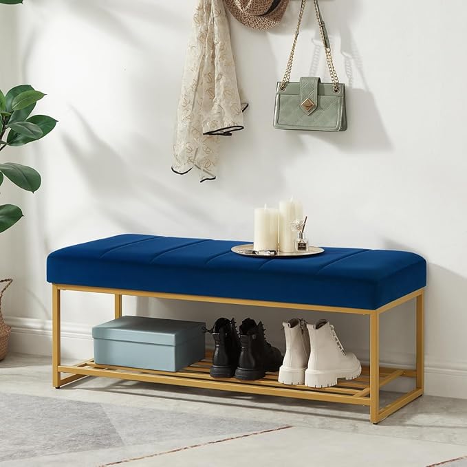 24KF Navy Velvet Upholstered End of Bed Bench - Image 3