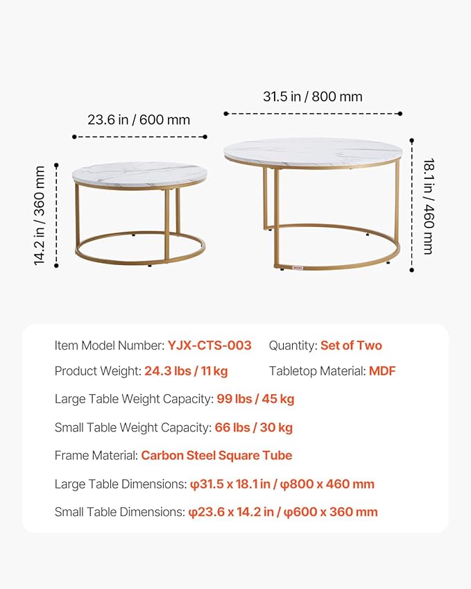 VEVOR Nesting Tables, Coffee Table Set of 2, 31.5 inch Round Coffee Table - Image 3