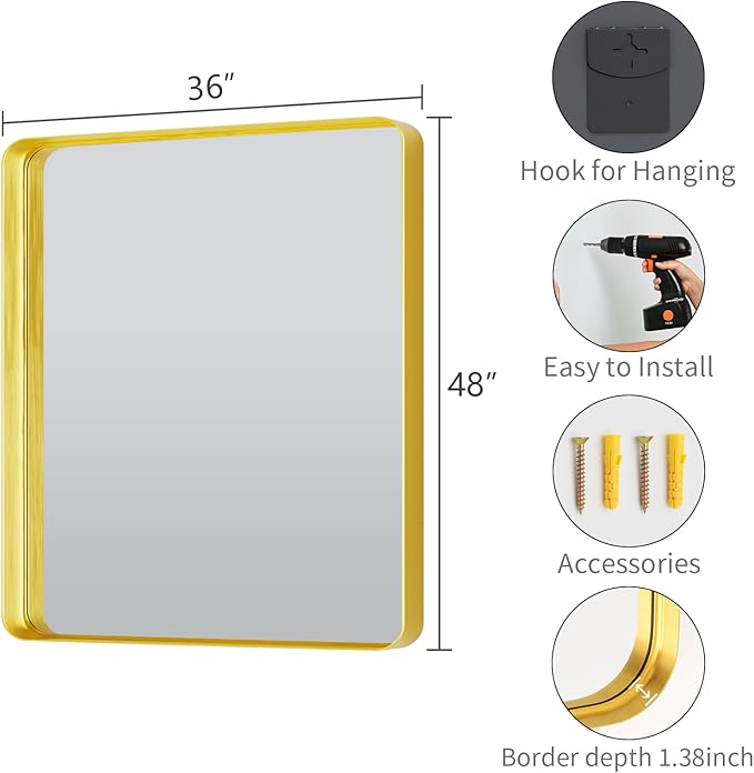 Koonmi Gold Bathroom Mirror for Wall, 36x48 Inch Matte Metal Deep Framed - Image 4