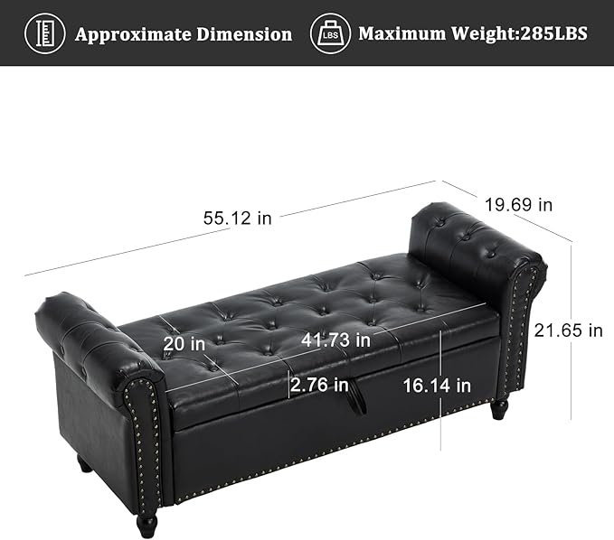 Furniliving 55” End of Bed Bench, Bedroom Bench - Image 3