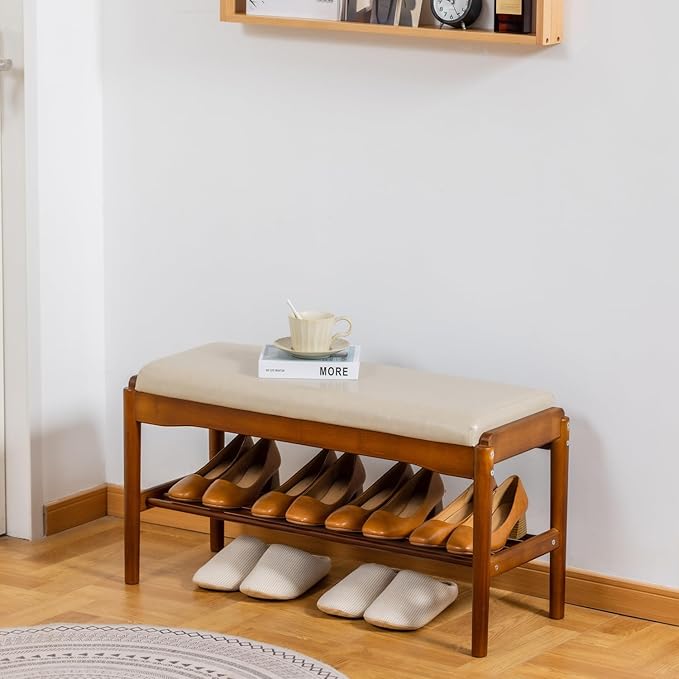 Shoe Bench, Entryway Bench, Wood 2-Tier Shoe Rack by SOBIBO
