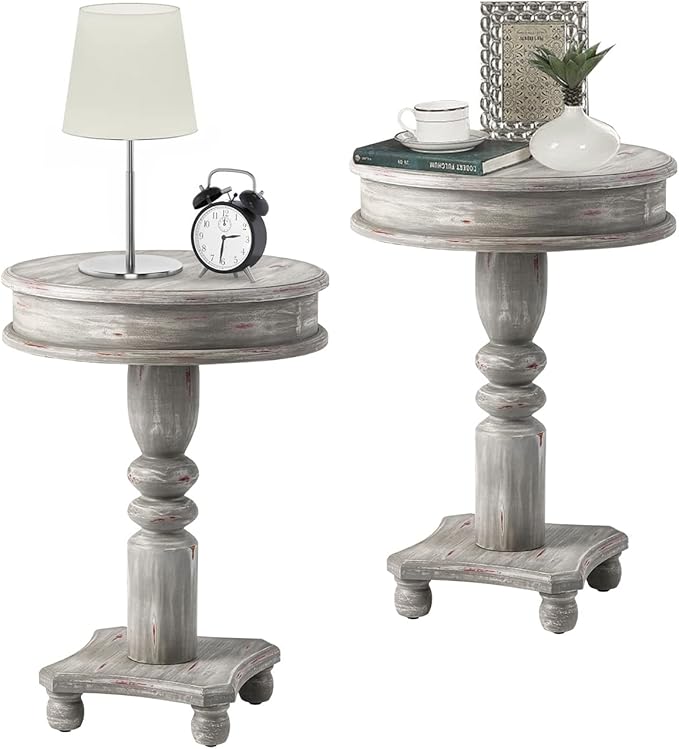 COSIEST Set of 2 Rustic Accent Side Table, Farmhouse Wood Pedestal Table Round by COSIEST