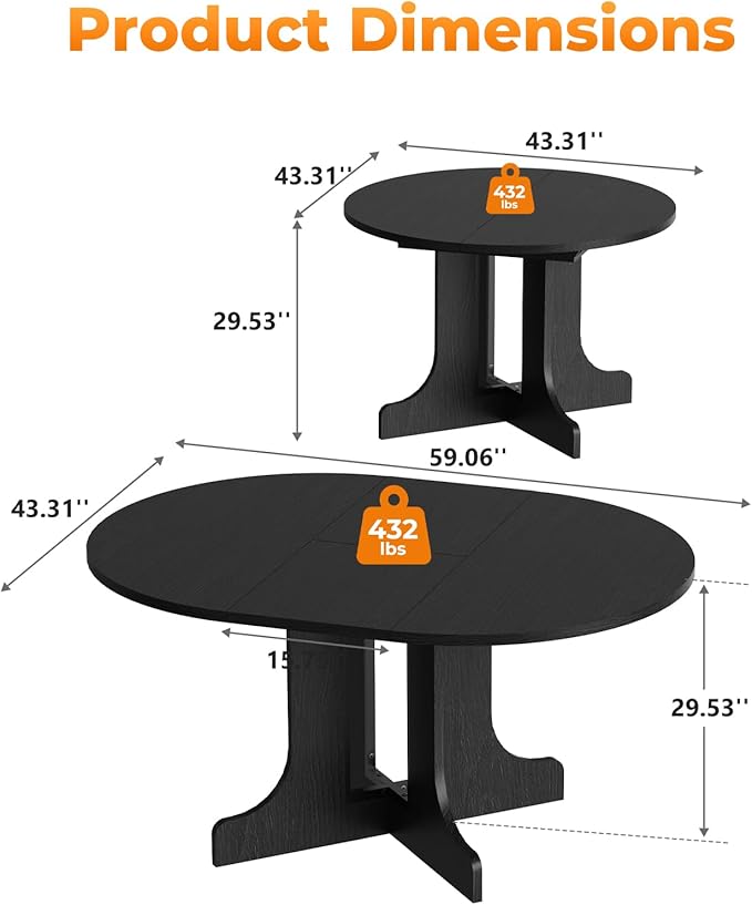 43"-59" Expandable Round Dining Table, Extendable Dining Room Table - Image 2