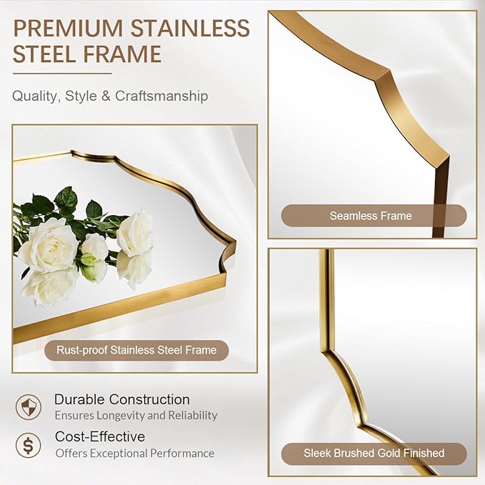ANDY STAR Bathroom Mirror, 28x36 Inch Brushed Gold Vanity Mirror, Stainless - Image 4