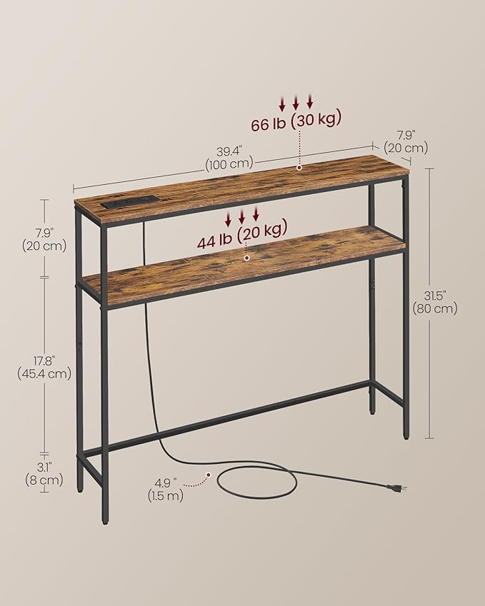 VASAGLE Console Table with Power Outlet, 2-Tier Narrow Sofa Table with 2 Shelves - Image 3