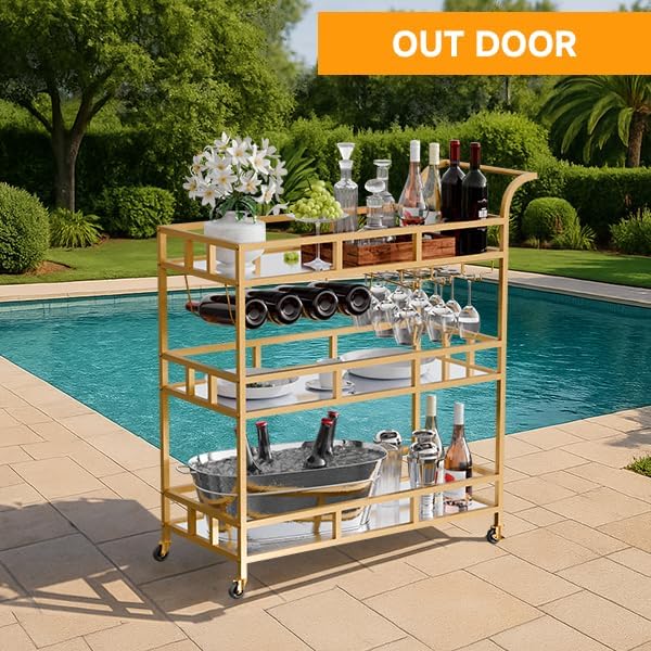 TONGMO Gold Bar Carts with 3 Tier Mirror Shelves, Home Bar Cart with Wine Rack - Image 7
