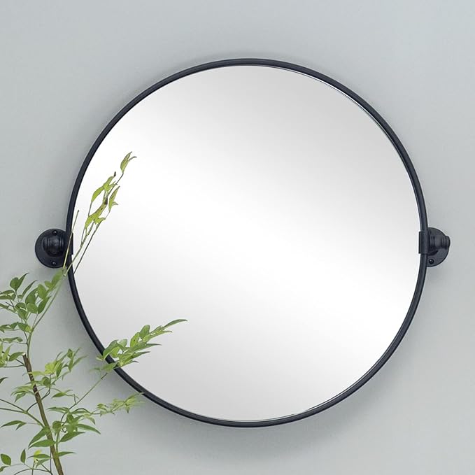 Round Pivot Bathroom Mirror Black Circle Metal Framed Tilting Vanity Mirrors by TEHOME